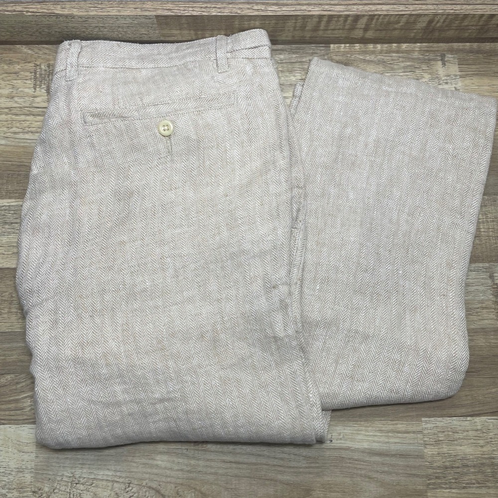 Corridor New York Mens 34 Herringbone Linen Trousers Beige Straight Leg Slacks